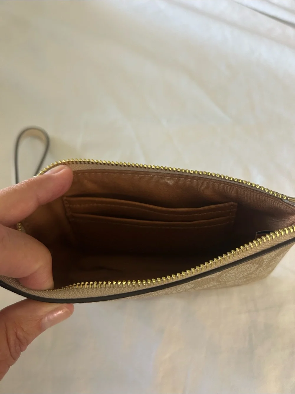 Coach Beige Signature Canvas Wristlet with Cream Leather Stripe